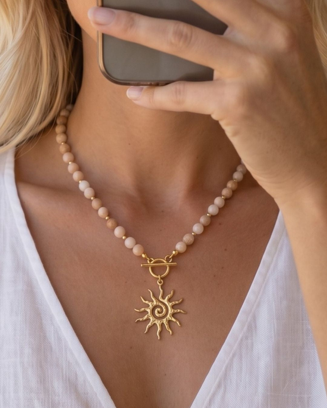 Multicolor jasper boho necklace with a polished gold-tone drop pendant