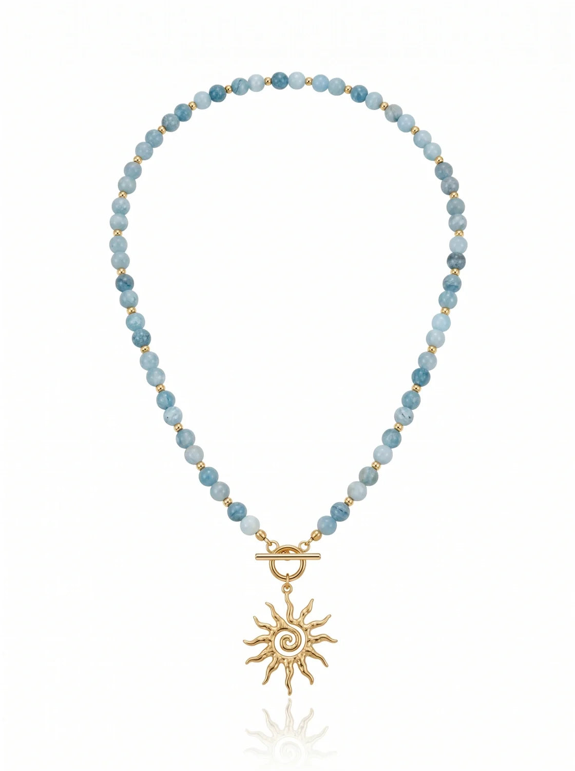 Blue natural stone necklace with aquamarine beads and gold-tone details